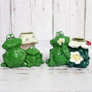 Vintage Frog Toad Taper Candle Holders w/ Mushroom & Flower Home Decor Gift